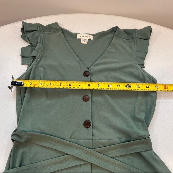 Monteau sage green ruffle cap sleeve midi dress small buttons tie waist small - Picture 4 of 8